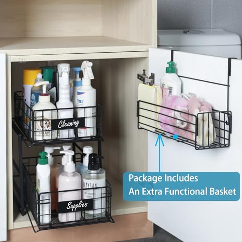 Upgraded Under Sink Organizers and Storage, Pull Out Under Bathroom Cabinet Organizer with A Extra Multiple Functional Basket, Sliding Out Closet Organizer Basket, Height Between 2 Drawers: 10.36in