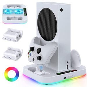 cooling stand for xbox series s with rgb light, meneea fast charger station with 2x1400mah batteries,cooler accessories with 3-speed adjustable fan, dual charger dock, 15 light modes, 2.0 usb port