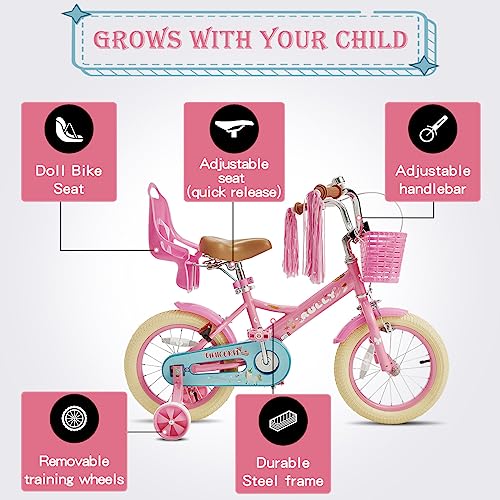 RULLY 14 Inch Kids Bike for 3 4 5 Years Girls with Training Wheels & Front Handbrake, Kids Bicycle with Basket Bike Streamers Toddler Cycle Bikes, Pink