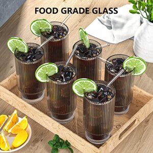 6Set Glass Cups, 16OZ Ribbed Drinking Glasses with Lids and Straws, Vintage Glassware for Whiskey Cocktail Beer, Iced Coffee Cups for Cute Gifts