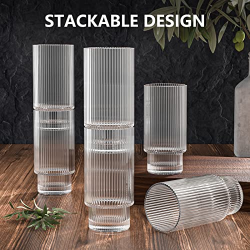 6Set Glass Cups, 16OZ Ribbed Drinking Glasses with Lids and Straws, Vintage Glassware for Whiskey Cocktail Beer, Iced Coffee Cups for Cute Gifts