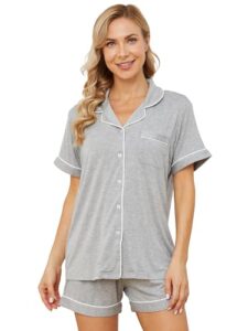 yoolfine womens pajama sets short sleeve sleepwear soft button down nightwear lounge pj set,medium,grey
