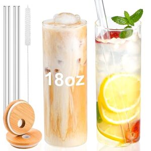 glass cups with lids and straws, 18oz borosilicate glass tumbler with straws and bamboo lids reusable clear iced coffee cups for coffee milk tea juice diy drinks coffee bar accessories- 2 pack