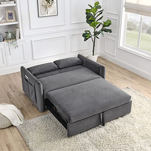 Eafurn 3 in 1 Multi-Functional Convertible Sleeper Sofa Bed, Modern Velvet Loveseat Sofa & Pull Out Couch Reclining Adjustable Backrest and 2 Pillows Grid Design Armrests for Apartment Living Room