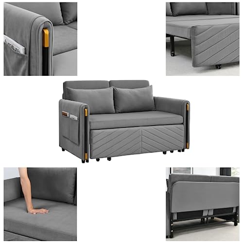 Eafurn Convertible Sleeper Sofa Bed, Modern Velvet Padded Loveseat Couch with Pull Out Bed & w/ 2 Pillows and Side Pockets, Small Love Seat Futon Sofa & Couch with Headboard for Living Room, Grey 54"