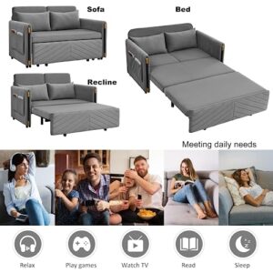 Eafurn Convertible Sleeper Sofa Bed, Modern Velvet Padded Loveseat Couch with Pull Out Bed & w/ 2 Pillows and Side Pockets, Small Love Seat Futon Sofa & Couch with Headboard for Living Room, Grey 54"