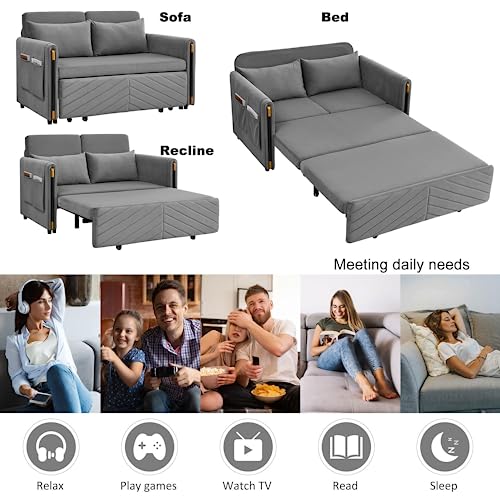 Eafurn Convertible Sleeper Sofa Bed, Modern Velvet Padded Loveseat Couch with Pull Out Bed & w/ 2 Pillows and Side Pockets, Small Love Seat Futon Sofa & Couch with Headboard for Living Room, Grey 54"