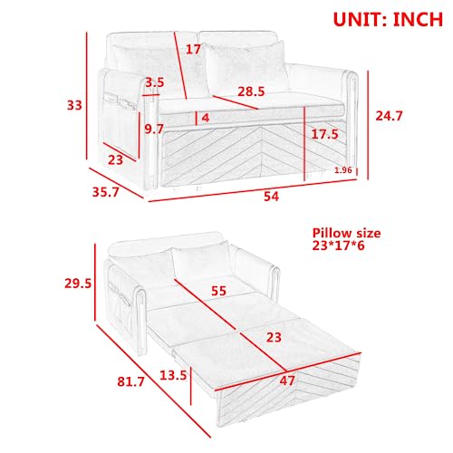 Eafurn Convertible Sleeper Sofa Bed, Modern Velvet Padded Loveseat Couch with Pull Out Bed & w/ 2 Pillows and Side Pockets, Small Love Seat Futon Sofa & Couch with Headboard for Living Room, Grey 54"