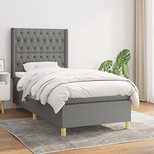 vidaXL Bed Frame, Box Spring Bed Single Platform Bed with Mattress, Bed Frame Mattress Foundation with Headboard for Bedroom, Dark Gray Twin Fabric