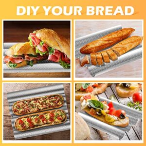 Norme 2 Pieces Nonstick Baguette Pan 4 Loaves Perforated French Bread Pan Bread Knife Bread Lame Dough Scoring Tool with 10 Blades and Leather Cover for Kitchen Bakery Baker's Tray Oven Toaster Tool