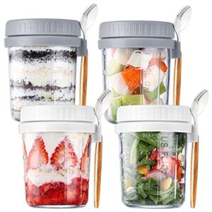 overnight oats containers with lids and spoon, 4 pack mason jars for overnight oats, 16 oz overnight oats jars glass oatmeal container to go for chia pudding yogurt salad cereal meal prep jars (white x 2,grey x 2)