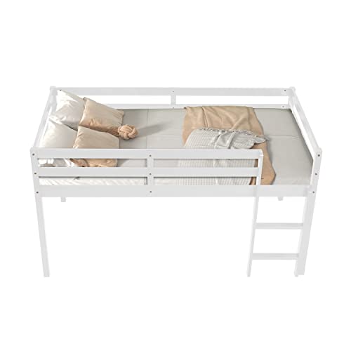 Tmosi Low Loft Bed Twin,Solid Wood Kids Twin Bed Frame with Ladders and Guard Rails,Space Saving Twin Size Loft Bed for Girl Boy,No Box Spring Needed,Easy to Assembly (Built-in Ladder-White)