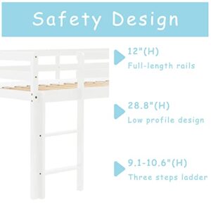 Tmosi Low Loft Bed Twin,Solid Wood Kids Twin Bed Frame with Ladders and Guard Rails,Space Saving Twin Size Loft Bed for Girl Boy,No Box Spring Needed,Easy to Assembly (Built-in Ladder-White)