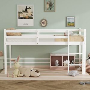 Tmosi Low Loft Bed Twin,Solid Wood Kids Twin Bed Frame with Ladders and Guard Rails,Space Saving Twin Size Loft Bed for Girl Boy,No Box Spring Needed,Easy to Assembly (Built-in Ladder-White)