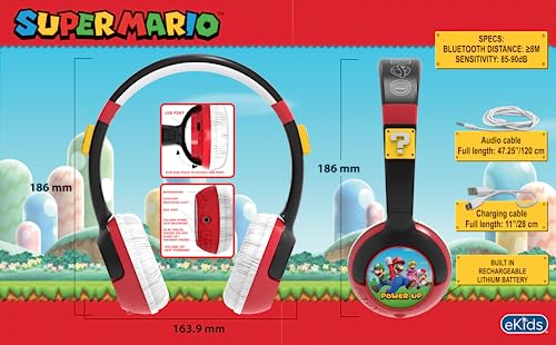 eKids Super Mario Kids Bluetooth Headphones, Wireless Headphones with Microphone Includes Aux Cord, Volume Reduced Kids Foldable Headphones for School, Home, or Travel