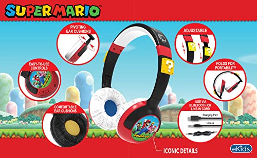 eKids Super Mario Kids Bluetooth Headphones, Wireless Headphones with Microphone Includes Aux Cord, Volume Reduced Kids Foldable Headphones for School, Home, or Travel