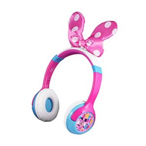 ekids minnie mouse kids bluetooth headphones, wireless headphones with microphone includes aux cord, volume reduced kids foldable headphones for school, home, or travel