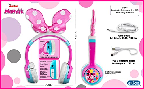 eKids Minnie Mouse Kids Bluetooth Headphones, Wireless Headphones with Microphone Includes Aux Cord, Volume Reduced Kids Foldable Headphones for School, Home, or Travel