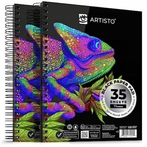 artisto 9x12" premium black paper pads, spiral bound sketchbook, pack of 2, 70 sheets (150g/m2), acid-free drawing paper, ideal for kids, teens & adults