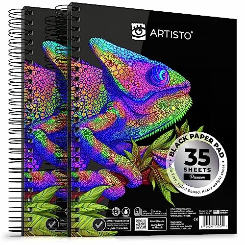 ARTISTO 9x12" Premium Black Paper Pads, Spiral Bound Sketchbook, Pack of 2, 70 Sheets (150g/m2), Acid-Free Drawing Paper, Ideal for Kids, Teens & Adults