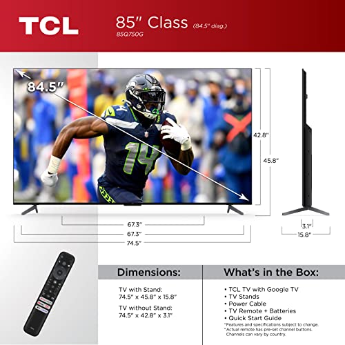 TCL 85-Inch Q7 QLED 4K Smart TV with Google TV (85Q750G, 2023 Model) Dolby Vision, Dolby Atmos, HDR Ultra, 120Hz, Game Accelerator up to 240Hz, Voice Remote, Works with Alexa, Streaming UHD Television