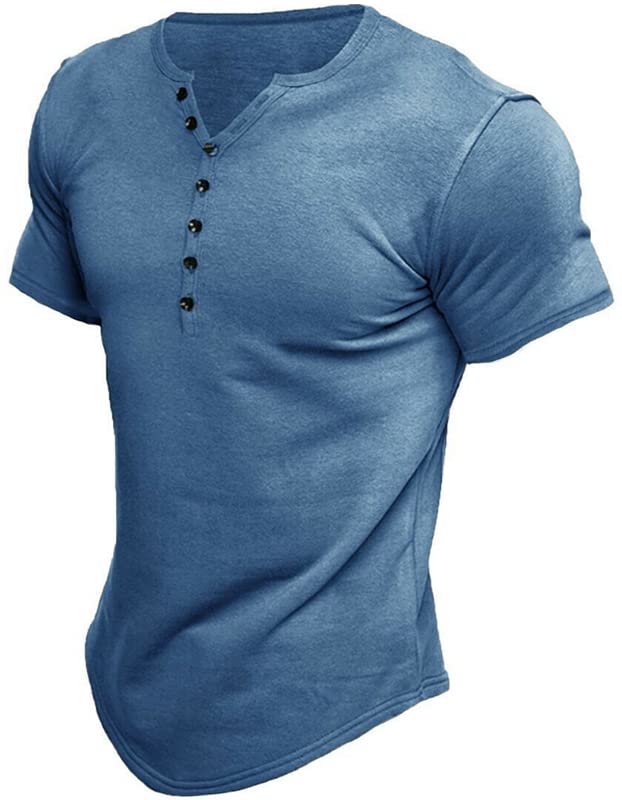 CLOFFUTY Men’s Cotton Henley Shirts, V-Neck Shorts Sleeve Shirts Muscle T-Shirts for Men Slim Fit for Casual, Workout, Gym Navy Blue