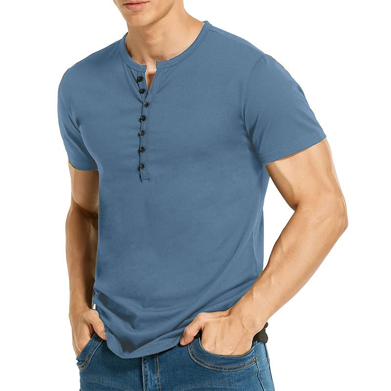 CLOFFUTY Men’s Cotton Henley Shirts, V-Neck Shorts Sleeve Shirts Muscle T-Shirts for Men Slim Fit for Casual, Workout, Gym Navy Blue