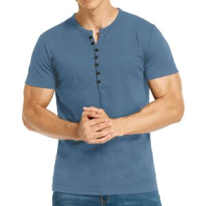 CLOFFUTY Men’s Cotton Henley Shirts, V-Neck Shorts Sleeve Shirts Muscle T-Shirts for Men Slim Fit for Casual, Workout, Gym Navy Blue