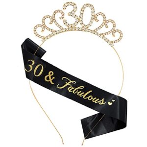 30th birthday crown and birthday sash 30th birthday decorations for women 30th birthday tiara headbands 30th birthday gift for women (gold)