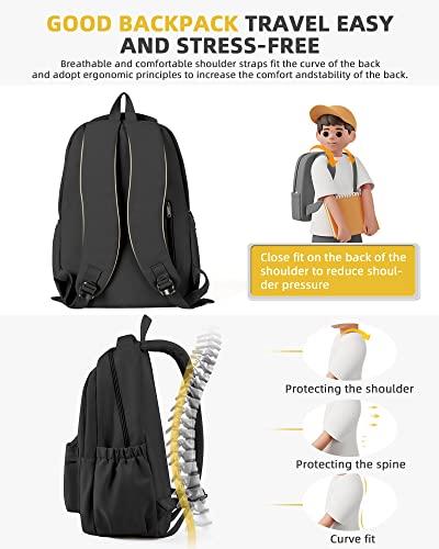 Lightweight School Backpack for Women Men, Black Laptop Travel Casual Daypack College Secondary School Bags Bookbag for Teenage Girls Boys