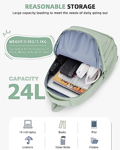 BOXSAM Lightweight School Backpack for Women Men, Laptop Travel Casual Daypack College Secondary School Bags Bookbag for Teenage Girls Boys, Green