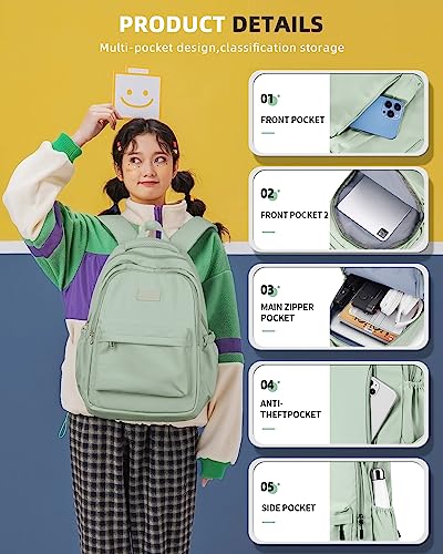 BOXSAM Lightweight School Backpack for Women Men, Laptop Travel Casual Daypack College Secondary School Bags Bookbag for Teenage Girls Boys, Green