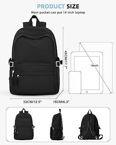 Lightweight School Backpack for Women Men, Laptop Travel Casual Daypack College Secondary School Bags Bookbag for Teenage Girls Boys, Black