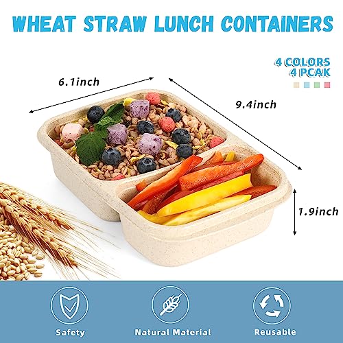 4 Pack Bento Lunch Box for Kids Adults, 2 Compartments Lunch Containers, Reusable Meal Prep Containers with Lids, Microwave & Dishwasher Safe, Divided Food Prep Containers for Travel, School ＆ Work