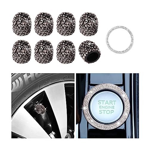 Ziciner 8 PCS Handmade Crystal Rhinestone Car Tire Valve Stem Cap, Sparkling Crystal Rhinestone, Dustproof Bling Car Accessories, with Start Stop Decoration Ring, Fit for SUV, Truck (Bright Black)