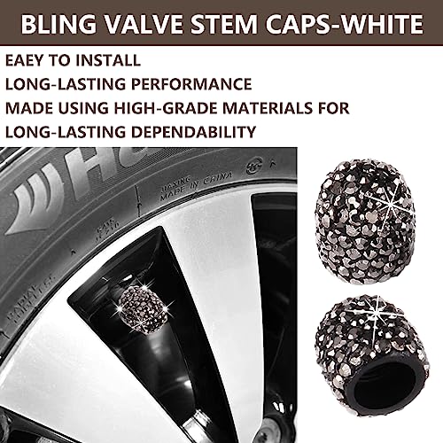 Ziciner 8 PCS Handmade Crystal Rhinestone Car Tire Valve Stem Cap, Sparkling Crystal Rhinestone, Dustproof Bling Car Accessories, with Start Stop Decoration Ring, Fit for SUV, Truck (Bright Black)