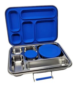 flatbush goods leak resistant stainless steel bento lunchbox with silicone seal, 2 leak proof containers and 5 compartments - durable and sustainable for adults and kids 5 and older (blue)