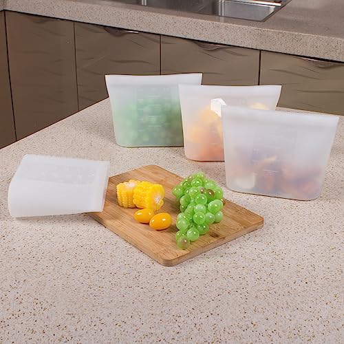 Annaklin Reusable Silicone Food Storage Bags Quart 4 Pack, Stand Up Ziplock Reusable Freezer Sandwich Bag Containers for Food Travel, Freezer Microwave Oven Dishwasher Safe, Translucent, 33.8fl.oz