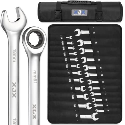 XJX 24PCS Ratcheting Combination Wrench Set | SAE & Metric | 12 Point | 1/4”to 7/8” and 8-19mm | CR-V Steel | Ratchet Wrenches Set with Portable Roll-Up Pouch