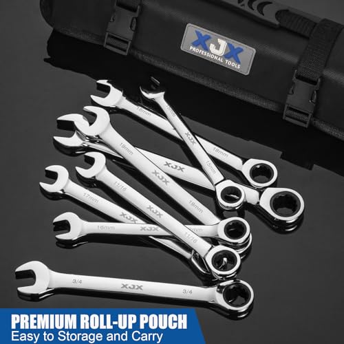 XJX 24PCS Ratcheting Combination Wrench Set | SAE & Metric | 12 Point | 1/4”to 7/8” and 8-19mm | CR-V Steel | Ratchet Wrenches Set with Portable Roll-Up Pouch