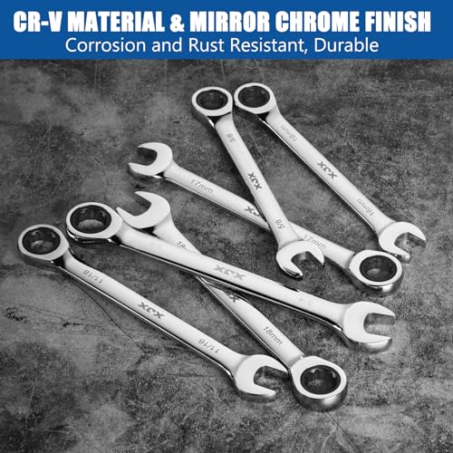 XJX 24PCS Ratcheting Combination Wrench Set | SAE & Metric | 12 Point | 1/4”to 7/8” and 8-19mm | CR-V Steel | Ratchet Wrenches Set with Portable Roll-Up Pouch