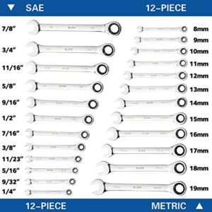 XJX 24PCS Ratcheting Combination Wrench Set | SAE & Metric | 12 Point | 1/4”to 7/8” and 8-19mm | CR-V Steel | Ratchet Wrenches Set with Portable Roll-Up Pouch