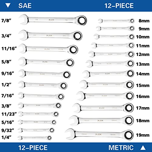 XJX 24PCS Ratcheting Combination Wrench Set | SAE & Metric | 12 Point | 1/4”to 7/8” and 8-19mm | CR-V Steel | Ratchet Wrenches Set with Portable Roll-Up Pouch