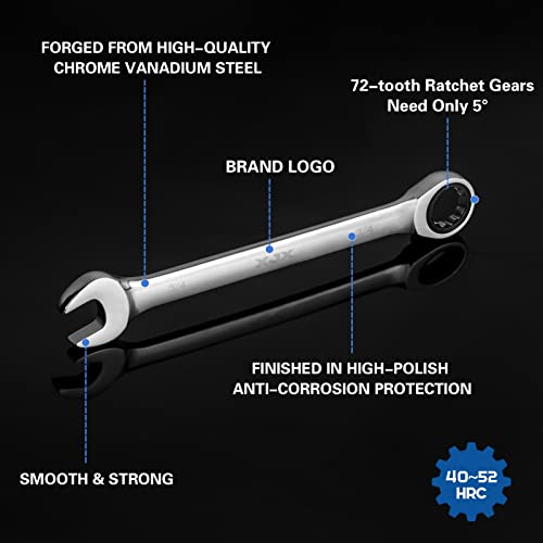 XJX 24PCS Ratcheting Combination Wrench Set | SAE & Metric | 12 Point | 1/4”to 7/8” and 8-19mm | CR-V Steel | Ratchet Wrenches Set with Portable Roll-Up Pouch