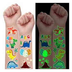 partywind 350 styles glow dinosaur party favors for kids, 30 sheets luminous dinosaur temporary tattoos for boys birthday party supplies, toddler gifts goodie bag stuffers for dino party decorations