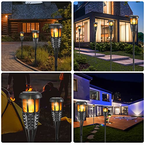 Solar Torch Light with Flickering Flame, 4 Pack Waterproof Bamboo Torches Hand-Woven Rattan Solar Tiki Torches for Outside Patio Yard Garden Lawn (Black-4 Pack)