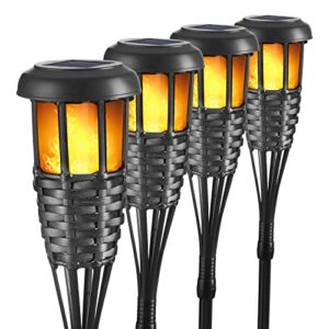 solar torch light with flickering flame, 4 pack waterproof bamboo torches hand-woven rattan solar tiki torches for outside patio yard garden lawn (black-4 pack)