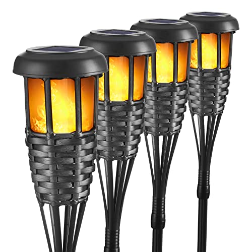 Solar Torch Light with Flickering Flame, 4 Pack Waterproof Bamboo Torches Hand-Woven Rattan Solar Tiki Torches for Outside Patio Yard Garden Lawn (Black-4 Pack)