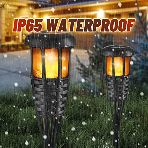 Solar Torch Light with Flickering Flame, 4 Pack Waterproof Bamboo Torches Hand-Woven Rattan Solar Tiki Torches for Outside Patio Yard Garden Lawn (Black-4 Pack)