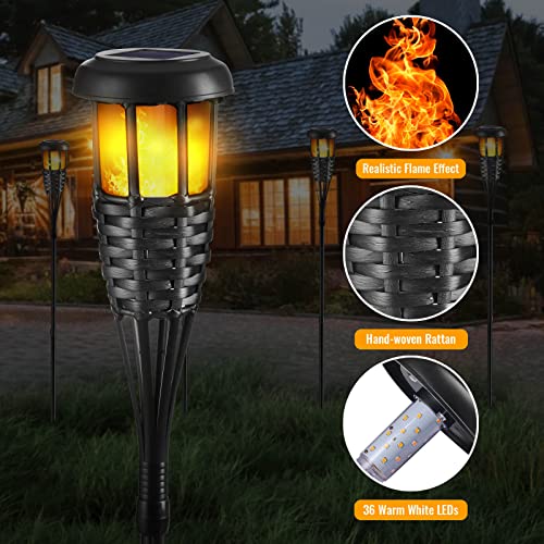 Solar Torch Light with Flickering Flame, 4 Pack Waterproof Bamboo Torches Hand-Woven Rattan Solar Tiki Torches for Outside Patio Yard Garden Lawn (Black-4 Pack)